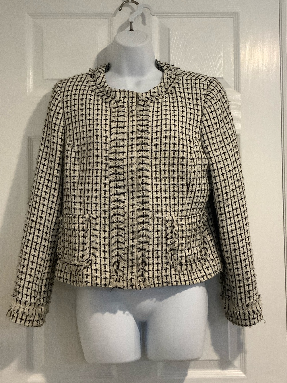 APOSTROPHE Petite Navy/White Tweed Fuzzy Full Zip Frayed Edge Fall Jacket 12P